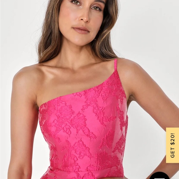 Lulu’s New with Tags, hot pink jacquard midi dress, one shoulder, size XL - Picture 3 of 9